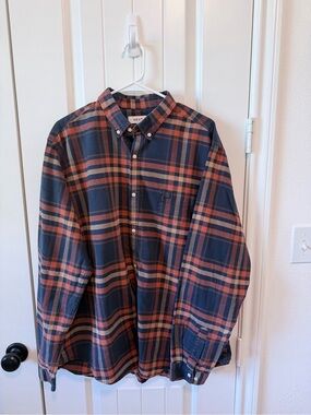 next Men's Navy and Rust Plaid Button-Up Shirt